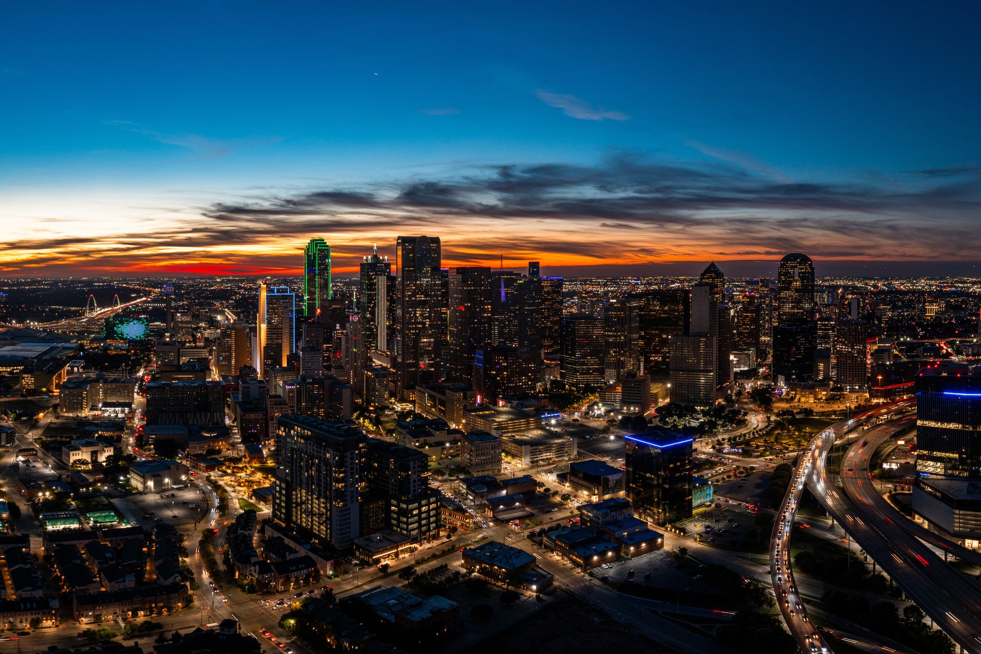 Aerial Drone photo over downtown Dallas, Texas at Night