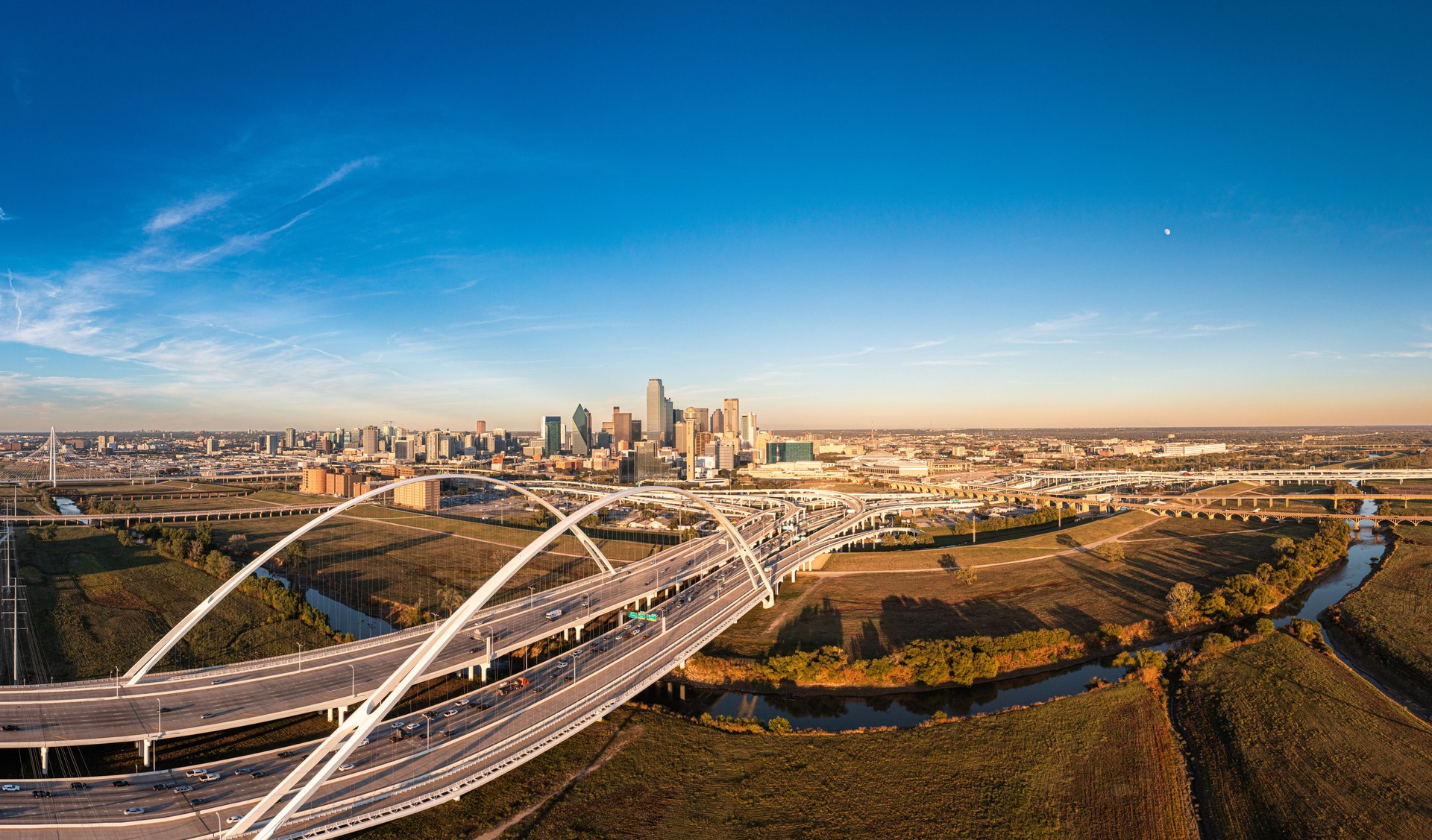 Aerial Drone Image over downtown Dallas, Texas Margaret McDermott Bridge